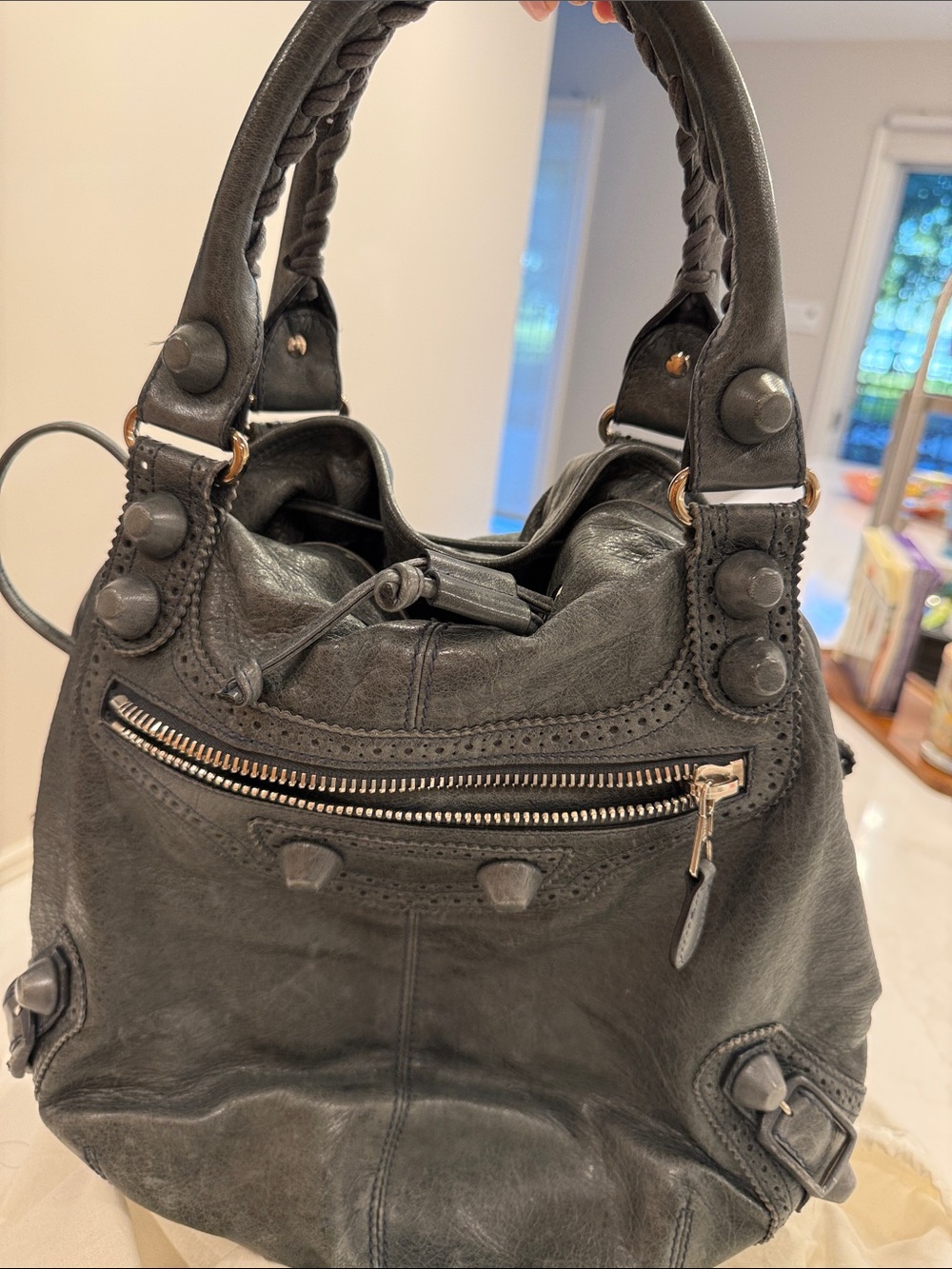 Balenciaga Black Leather Braided-Handle Shoulder Bag with Front Zip